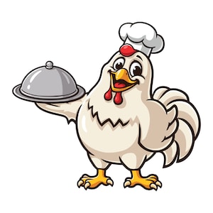 Chicken wearing a chef's hat cartoon mascot illustration character vector Clip art Hand drawn Design