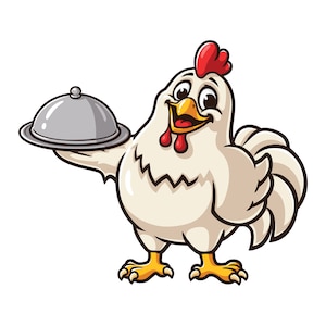 Chicken holding a serving tray, cartoon mascot illustration character vector Clip art Hand drawn Design