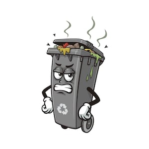 Grumpy dirty Trash Bin, Garbage Bin, Trash Can, cartoon mascot illustration character vector clip-art hand-drawn logo design