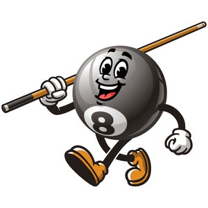Biljartbal met keu, cartoon mascotte illustratie karakter vector illustraties handgetekende logo ontwerp