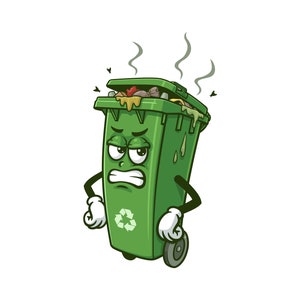 Grumpy dirty Trash Bin, Garbage Bin, Trash Can, green, cartoon mascot illustration character vector clip-art hand-drawn logo design