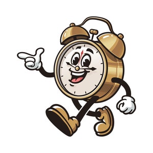 Wecker mit Uhrzeigern, Wecker Cartoon Maskottchen Illustration Charakter Vektor Clip-Art Handgezeichnet Logo Design