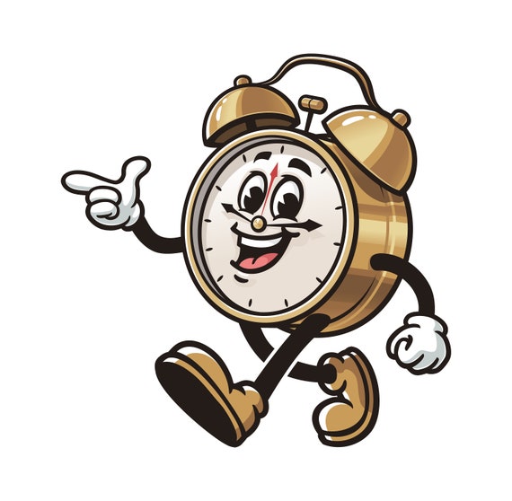 Despertador con manecillas de reloj Despertador de dibujos animados mascota ilustracion caracter vector clip art diseno de logotipo dibujado a mano