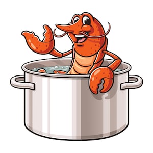 Könnte beinhalten: Ein lächelnder Cartoon-Hummer sitzt in einem silbernen Topf mit kochendem Wasser. Der Hummer trägt eine rot-orange Schale und hat ein Paar schwarze Augen.
