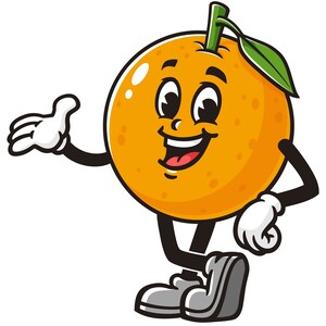 Puede incluir: Una naranja de dibujos animados con una cara sonriente, usando zapatos y saludando con una mano.