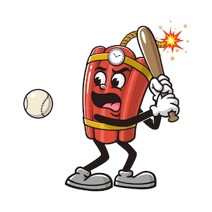TNT Dynamite is playing baseball, Softball, TNT Dynamite Cartoon Mascot Illustration Character Vector Clip-art Hand-drawn Logo Design