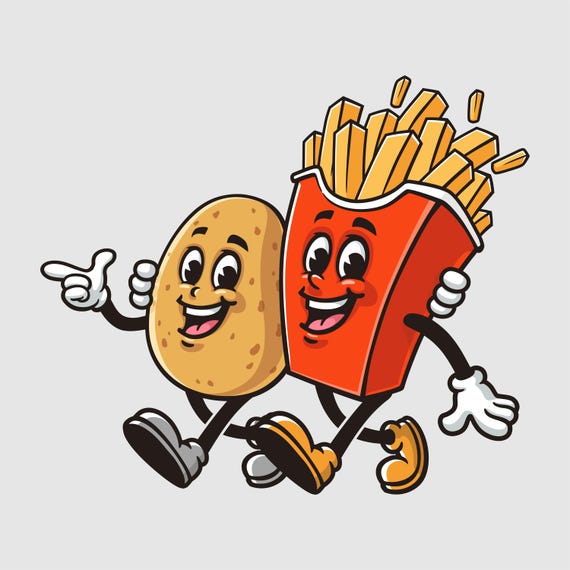 Cartoon Potato and French Fries Walking Together, Mascot