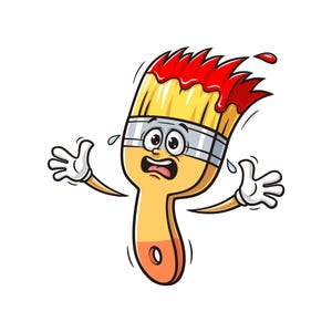 May include: A cartoon paintbrush with a yellow handle and red bristles is depicted with a surprised expression, with its arms outstretched and a single drop of red paint dripping from the bristles.