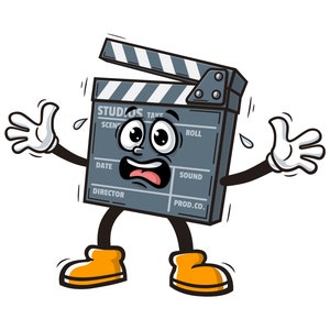 Könnte beinhalten: Cartoon-Illustration einer Filmklappe mit einem ängstlichen Gesichtsausdruck. Die Klappe hat ein Gesicht mit großen Augen und offenem Mund und schwitzt. Sie hat Arme, Beine und orangefarbene Stiefel. Der Text auf der Klappe enthält "STUDIOS", "SCENE", "TAKE", "ROLL", "DATE", "SOUND", "DIRECTOR" und "PROD. CO."