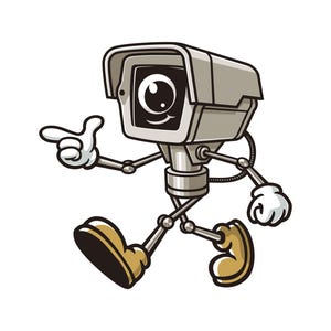 Walking CCTV Camera Cartoon Mascot Illustration Character Vector Clip-art Hand-drawn Logo Design