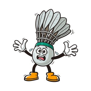Illustrazione a fumetti di una mascotte a forma di volano da badminton che è in preda al panico e spaventata