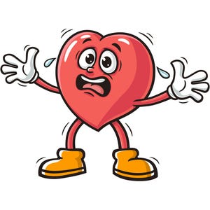 May include: A red cartoon heart with a scared expression, wide eyes, and an open mouth. The heart has arms and legs and is wearing yellow shoes. The heart is sweating and has a worried expression.