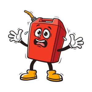 Könnte beinhalten: Ein roter Plastikkanister mit einem gelben Auslauf, Comic-Augen und einem überraschten Ausdruck. Der Kanister hat Arme und Beine und trägt gelbe Schuhe. Der Kanister schwitzt und hat einen besorgten Ausdruck.