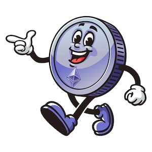 Ethereum Coin, Cryptocurrency,    Cartoon Character Mascot Illustration Vector Clip-art Hand-drawn Logo Design
