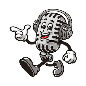 ヘッドフォン付きマイク、マイク音楽ポッドキャスト漫画マスコットイラストキャラクターベクタークリップアート手描きロゴデザイン