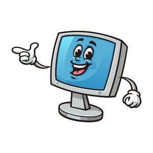 May include: A cartoon computer monitor with a smiling face, pointing to the left with one hand and waving with the other. The monitor is blue and gray.