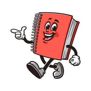 Peut inclure: Un carnet rouge à spirales avec un visage souriant, des bras et des jambes, marche vers la droite en pointant du doigt avec sa main droite.