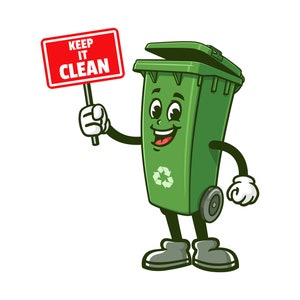 Trash can holding a sign keep it clean, Trash Bin Garbage Bin cartoon mascot illustration character vector clip-art hand-drawn logo design