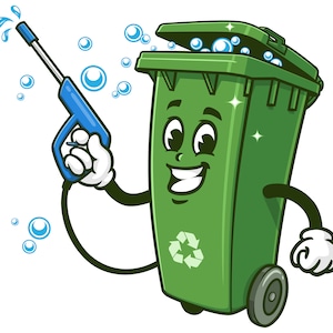 Papelera Papelera Servicio de limpieza mascota de dibujos animados ilustración diseño personaje vector clip-art logotipo dibujado a mano