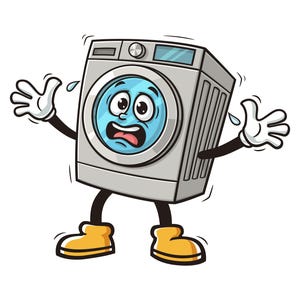 Könnte beinhalten: Eine Cartoon-Illustration einer Waschmaschine mit einem überraschten Gesichtsausdruck. Die Waschmaschine hat eine blaue Tür mit einem weißen Gesicht und trägt gelbe Schuhe.