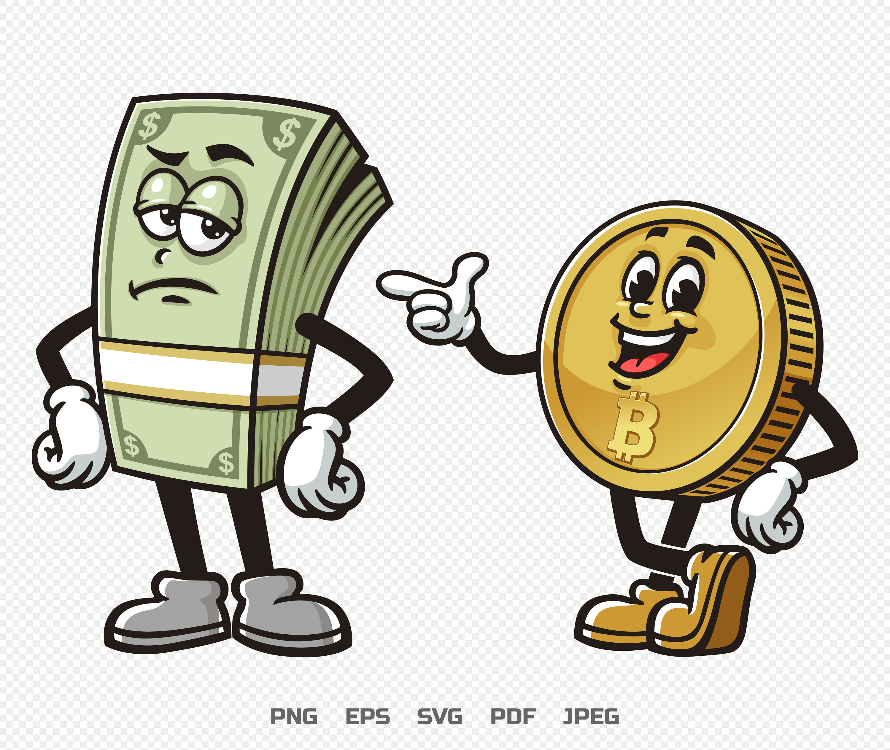 お金の現金、ビットコイン、暗号通貨の漫画のマスコットのイラストキャラクターベクトルクリップアート手描きのロゴデザイン