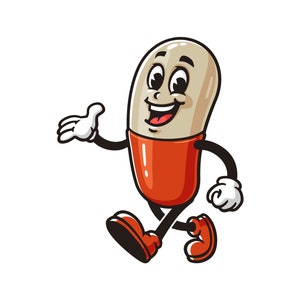 Walking Pill Capsule cartoon mascot illustration character vector logo clip art hand drawn Design