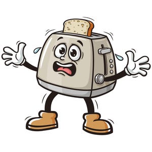 Könnte beinhalten: Eine Cartoon-Illustration eines Toasters mit einem besorgten Gesichtsausdruck. Der Toaster ist hellbraun mit einem silbernen Griff und einer Scheibe Brot im Inneren. Der Toaster hat Arme und Beine und trägt braune Schuhe. Der Toaster schwitzt und hat einen besorgten Gesichtsausdruck.