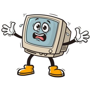 May include: A cartoon illustration of a vintage computer monitor with a surprised expression. The monitor has a beige and gray color scheme and is wearing white gloves and orange shoes.