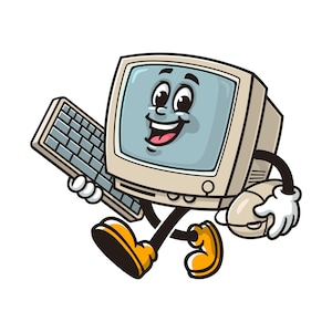 Computer is carrying a keyboard and mouse, Retro Computer Cartoon Mascot Illustration Character Vector Clip-art Hand-drawn Logo Design