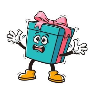 Könnte beinhalten: Eine blaue und rosafarbene Geschenkbox mit Schleife ist als Comicfigur mit einem überraschten Ausdruck dargestellt. Die Box hat Arme und Beine und trägt gelbe Schuhe. Die Box schwitzt und hat ein besorgtes Gesicht.