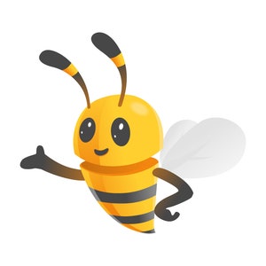 May include: A cartoon bee with black and yellow stripes, big eyes, and a smile, is waving with one arm and holding the other arm at its side. The bee has white wings.