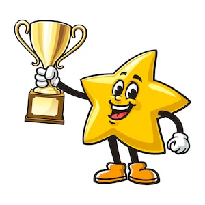 May include: A cartoon yellow star character holding a gold trophy with a happy expression.