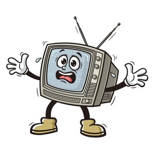 May include: A cartoon illustration of a vintage television with a surprised expression. The television has a gray and silver body with a black screen. The television has arms and legs and is wearing white gloves. The television is looking up and has a wide-eyed expression.