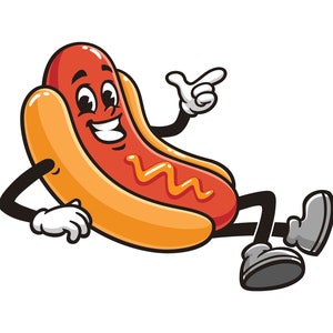Hot dog Sausage relaxed,  cartoon, mascot, illustration, design, character, clip-art, hand-drawn, Logo, vector, graphic