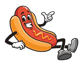 Hot dog Sausage relaxed,  cartoon, mascot, illustration, design, character, clip-art, hand-drawn, Logo, vector, graphic