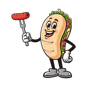 Sub Sandwich hält eine Wurst, Sub Sandwich Cartoon Maskottchen Illustration Charakter Vektor Clip-Art Handgezeichnet Logo-Design