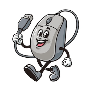 Computer Mouse holding USB cable, Computer Mouse Cartoon Mascot Illustration Character Vector Clip-art Hand-drawn Logo Design