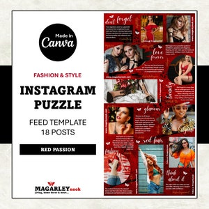 May include: A red and white Instagram puzzle feed template with 18 posts. The template features a variety of images of women wearing red clothing and accessories. The text on the template includes the words "don't forget", "love forever", "glamour", "red hair", "fashion", "beauty", and "think about it".