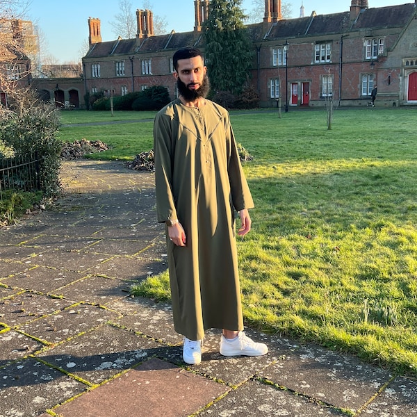 Olive Green Emirati Jubbah Jubba Thobe Thoab Kaftan Kaudura Qamees Men Boys Saudi Style