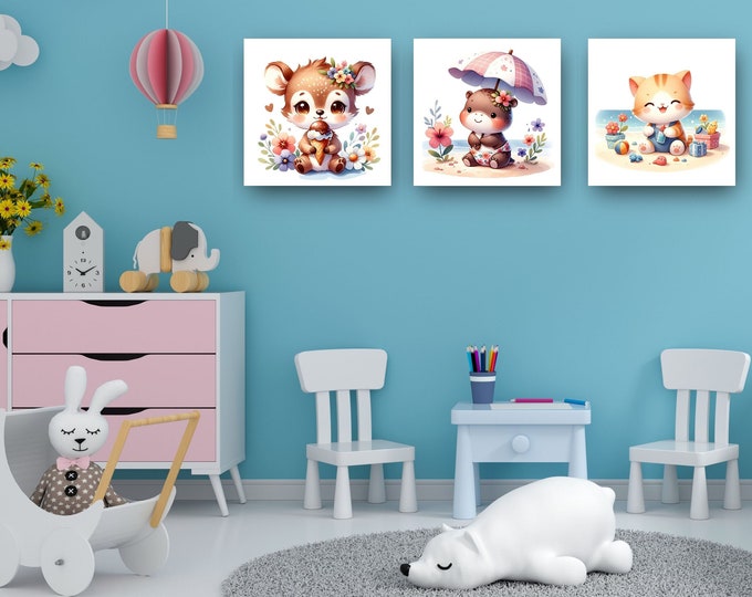 Cute Animals Canvas Gallery Wrapped Print, Cartoon Wall Art Gift for Baby Room Decor, Nursery, Playroom, Framed Canvas, Choose Your Animals