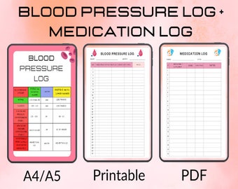 Blood Pressure Log & Medication Log, Hypertension Tracker, Daily Blood Pressure, Blood Pressure Chart, Digital and Printable