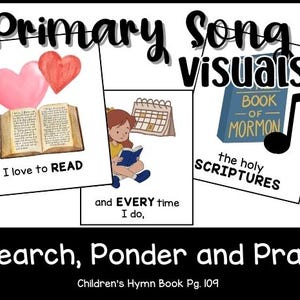 Puede incluir: Un conjunto de ayudas visuales coloridas para enseñar la canción de la Primaria "Buscar, meditar y orar" del Libro de Himnos para Niños, página 109. Las ayudas visuales incluyen imágenes de un libro, un corazón, un calendario y el Libro de Mormón.