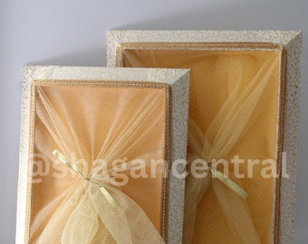 Gold Luxusverpackung Anzug Tablett Shagan Trosseau Verpackung | Indische Hochzeit | Punjab | Zubehör | Viyaah | Mayoun Maiyan Pakistani