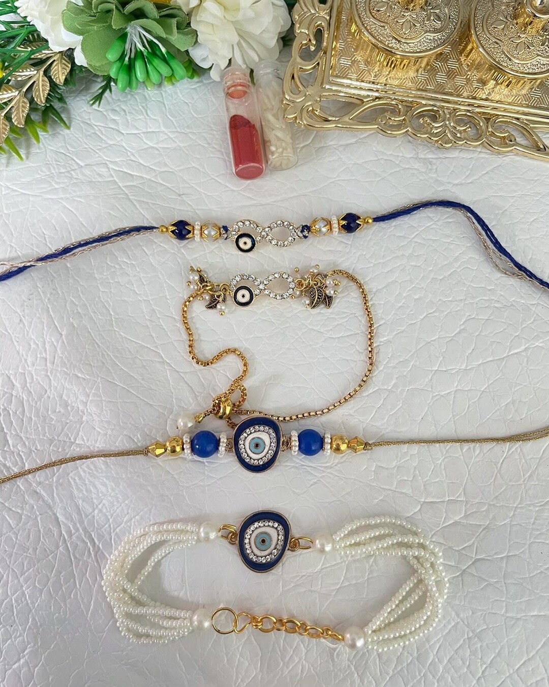 3 Layer Wrap Long Rakhi For Brother - Handmade Beaded Silk Thread With Zircon, Pearls & Roli-Chawal Set