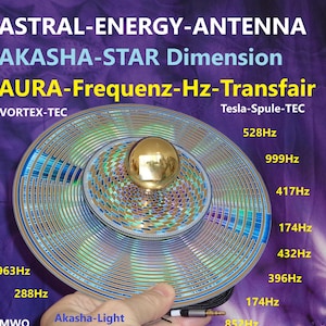 May include: A multi-layered, circular device with a gold sphere at its center, featuring concentric patterns in blue, green, and gold. Text includes "ASTRAL-ENERGY-ANTENNA" and frequency labels like "528Hz". The device is held by a hand, with a cable attached.