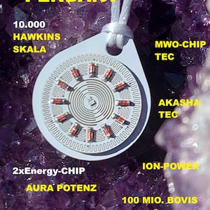May include: A white pendant with a circular design featuring red components and the text "FLUCTUS-ENERGY PENDANT." The pendant hangs on a white cord against a background of purple crystals. Additional text includes "10.000 HAWKINS SKALA" and "2xEnergy-CHIP."