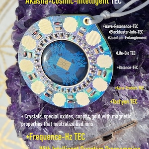 May include: A circular pendant labeled ACI Quantum Amulett Akasha-Cosmic-Intelligent TEC featuring a central blue circuit board design, surrounded by small electronic components and gold-colored circular pads, resting on a purple amethyst crystal.