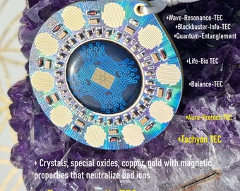 May include: A circular pendant labeled ACI Quantum Amulett Akasha-Cosmic-Intelligent TEC featuring a central blue circuit board design, surrounded by small electronic components and gold-colored circular pads, resting on a purple amethyst crystal.