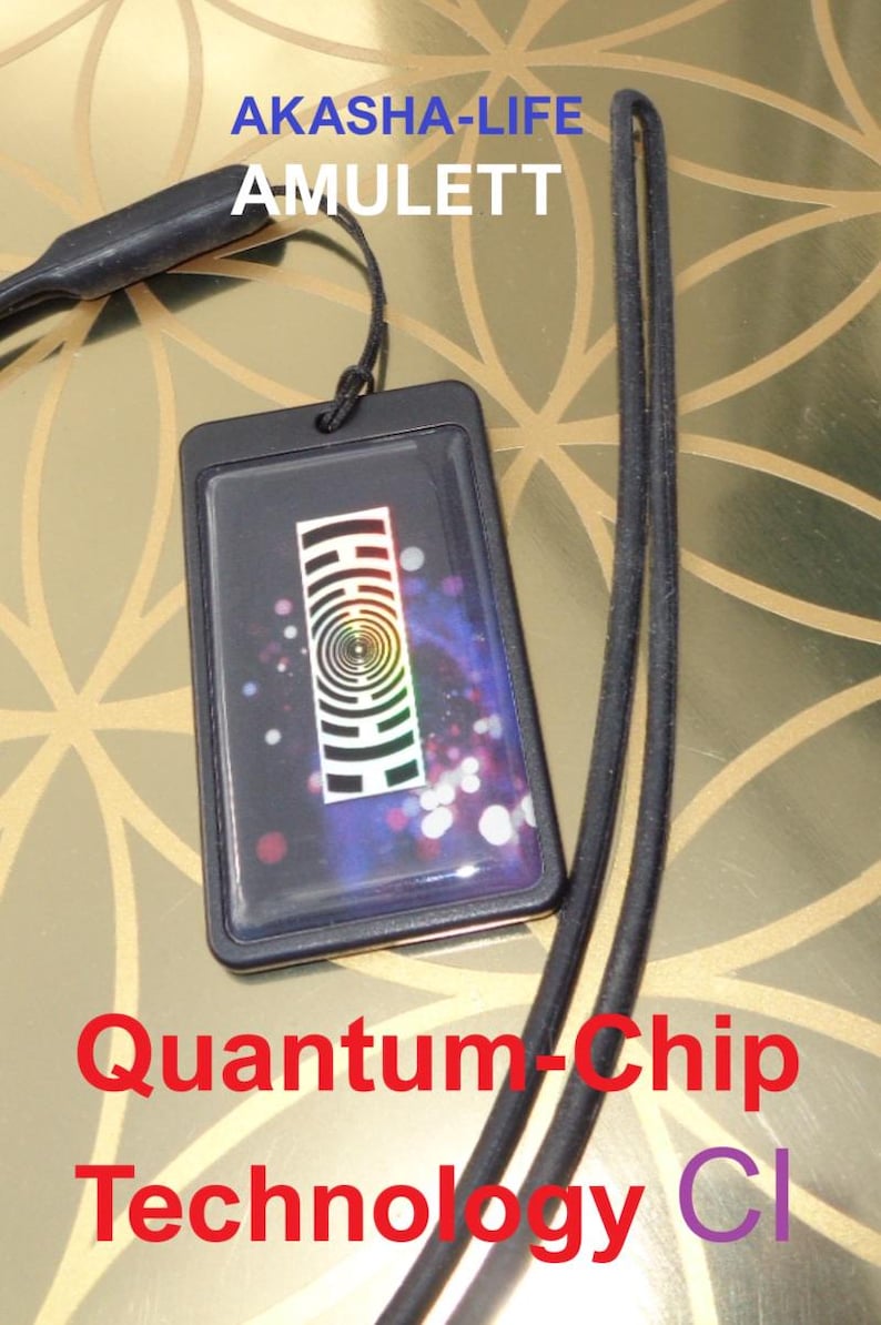 May include: Black rectangular amulet with a clear front, featuring a colorful geometric design. The amulet is attached to a black cord. Text on the image reads "AKASHA-LIFE AMULETT" and "Quantum-Chip Technology".