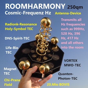 以下が含まれることがあります： 「ROOMHARMONY 250qm Cosmic-Frequenz Hz Antenna-Device」とラベル付けされた、螺旋状のアンテナと複数の球体を持つ金色のデバイス。デバイスは青い空を背景に手に持たれています。「Transmits all Hz frequencies such as 999Hz, 528 Hz, 396 Hz, 417 Hz and all others into the room」というテキストも表示されています。
